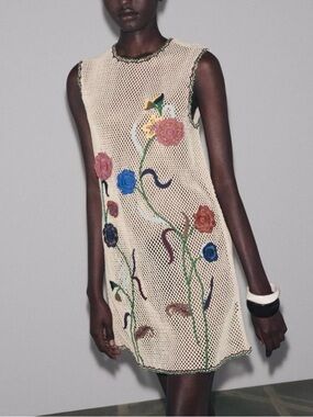 Zara Embroidered Crochet Floral Tank Dress in Cream/Multi NWT Size Medium